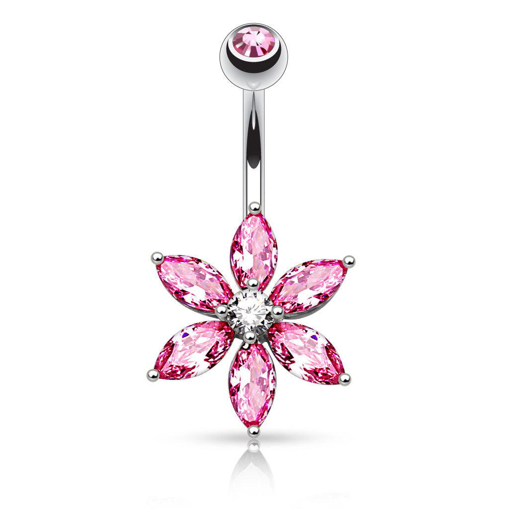 316L Surgical Steel 6 Marquise Cut CZ Petal Flower Belly Button Ring - Pink/Clear