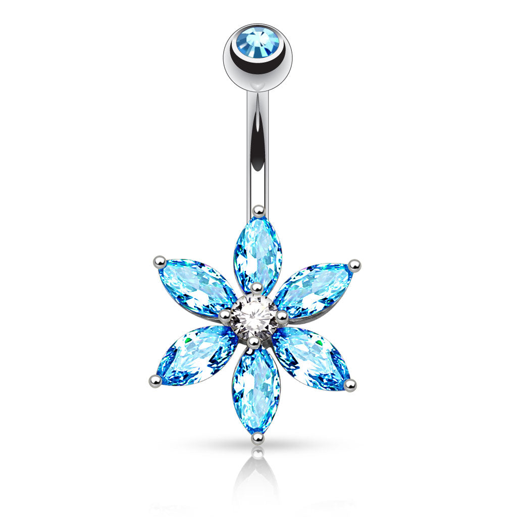 316L Surgical Steel 6 Marquise Cut CZ Petal Flower Belly Button Ring - Aqua/Clear