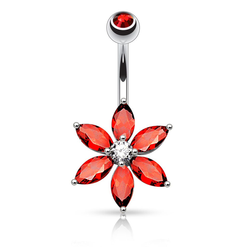 316L Surgical Steel 6 Marquise Cut CZ Petal Flower Belly Button Ring - Red/Clear
