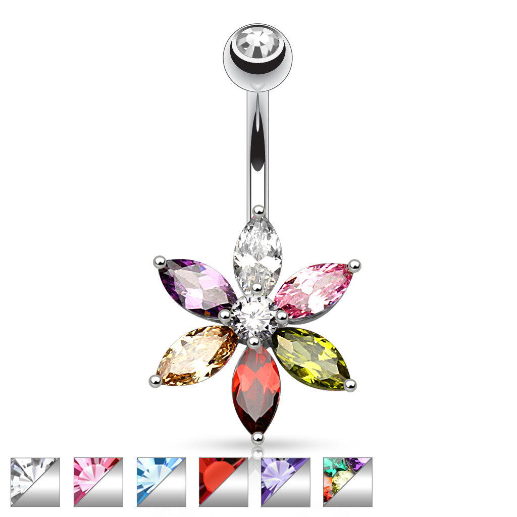 316L Surgical Steel 6 Marquise Cut CZ Petal Flower Belly Button Ring - all colors