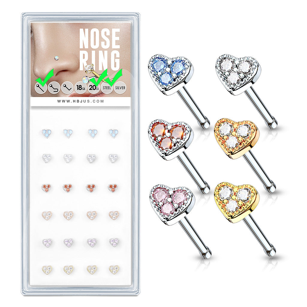 24 Pcs Mixed Color 3 CZ Heart Top of 20 Gauge 316L Surgical Steel Nose Bone Package - all colors