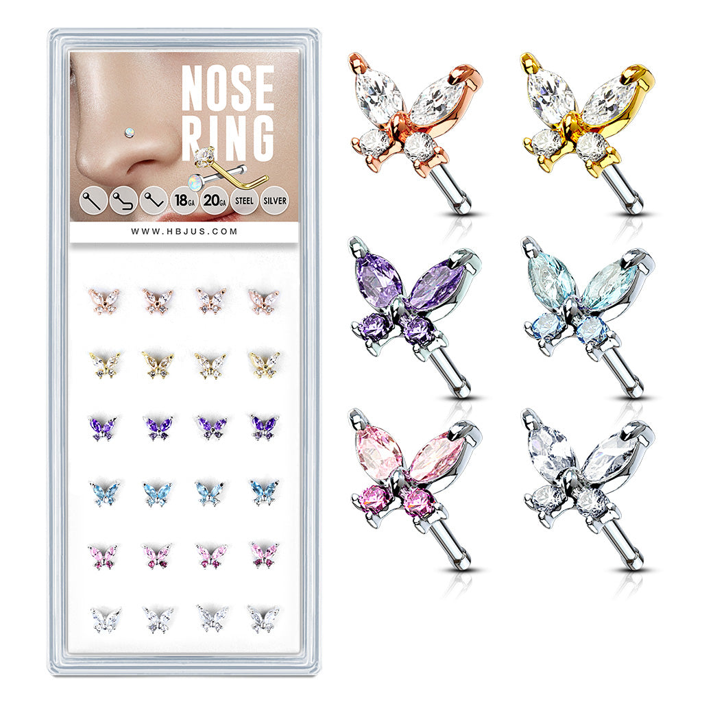 24 Pcs CZ Butterfly Top of 20 Gauge 316L Surgical Steel Nose Bone Package - all colors