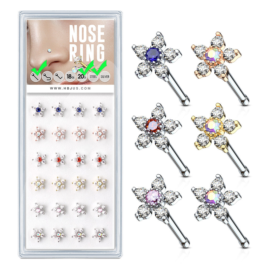 24 Pcs Pre Loaded Box of 6 CZ Flowers 20 Gauge 316L Surgical Steel Nose Stud Rings Pack (6 Colors x 4 Pcs) - all colors