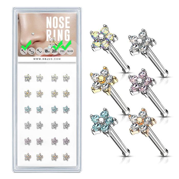 24-Piece Box CZ Flower Top 20G 316L Surgical Steel Nose Studs (6 Colors)