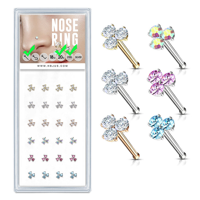 24-Piece Box Three CZ Prong Set 20G 316L Surgical Steel Nose Studs (6 Colors)