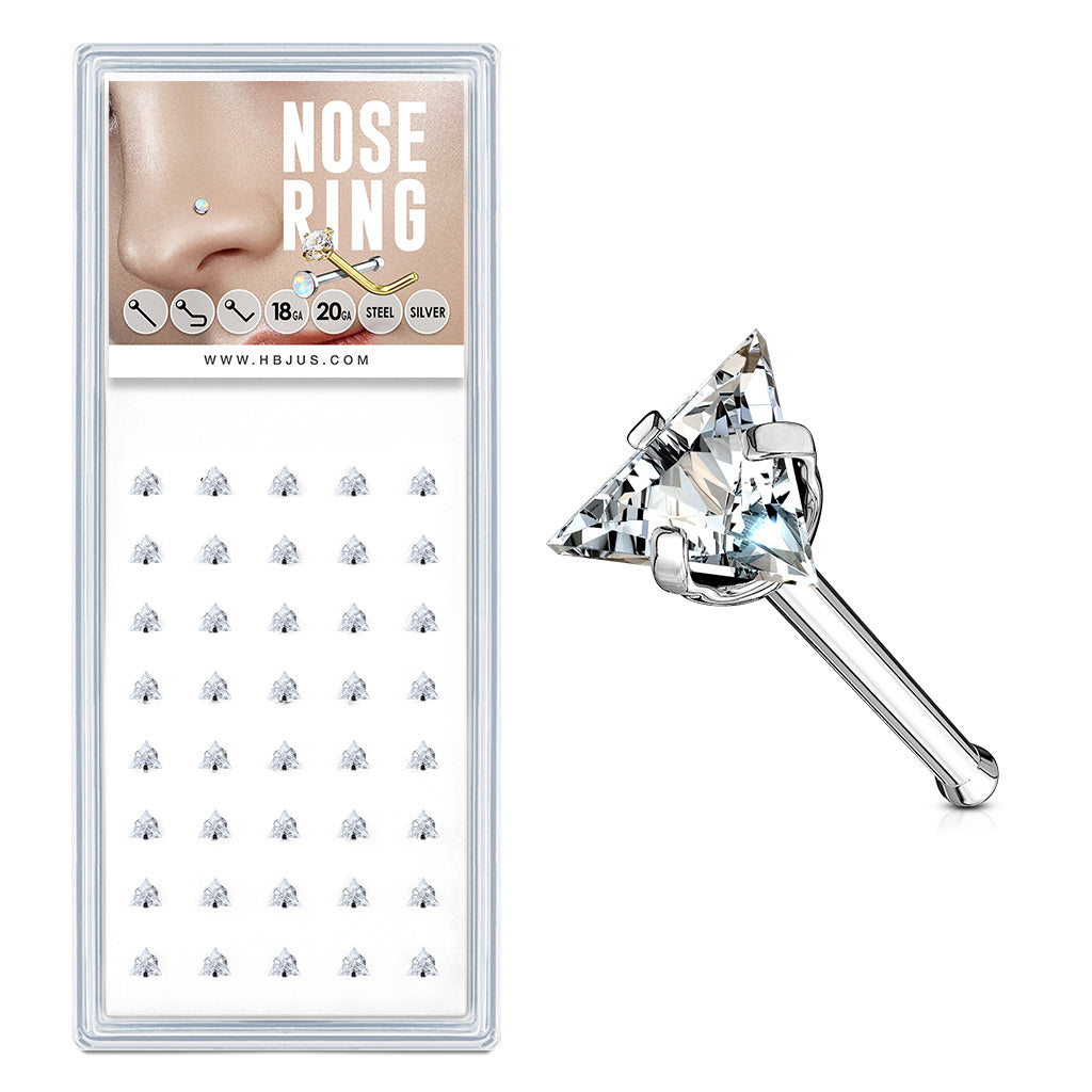 40 Pcs Clear Triangle CZ Top of 20 Gauge 316L Surgical Steel Nose Bone Package - all colors