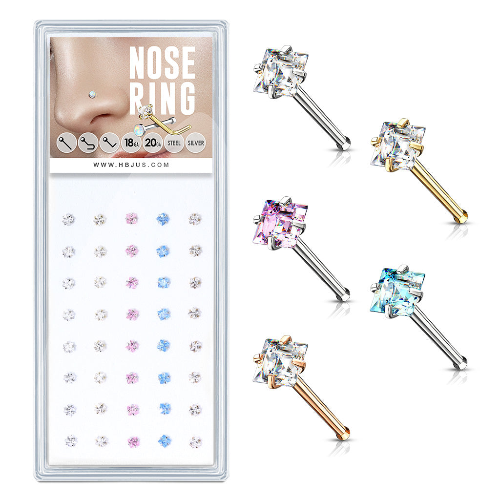40 Pcs Pre Loaded Box of Prong Set Square CZ Top 316L Surgical Steel Nose Stud Package (5 Colors x 8 Pcs) - all colors