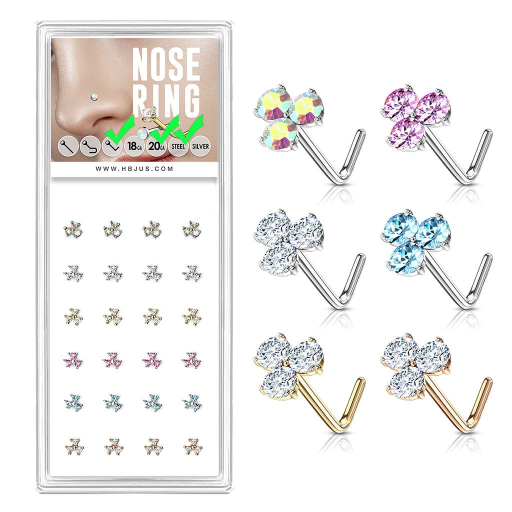 24 Pcs Round CZ Prong Set Triangle "L" Bend 20 Gauge 316L Surgical Steel Nose Bone Package - all colors