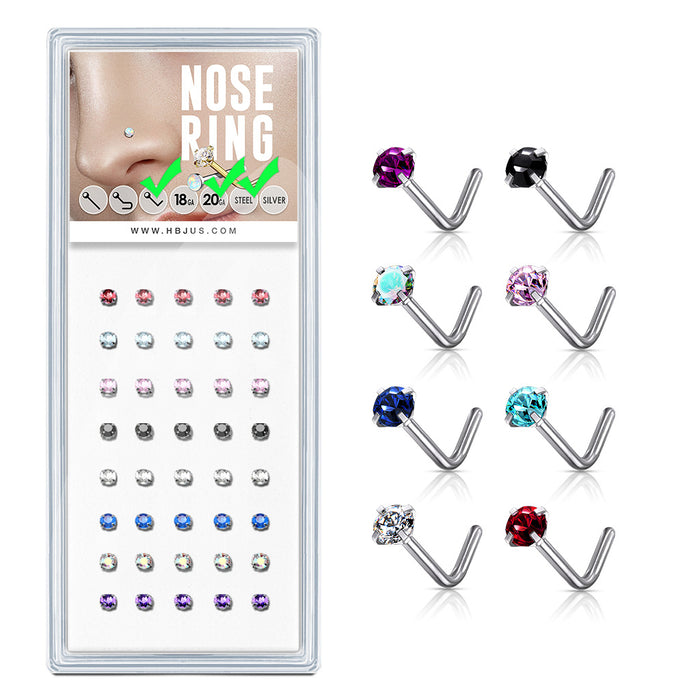 40-Piece Pack 20G Mixed Color Prong Set CZ 316L Steel L Bend Nose Studs