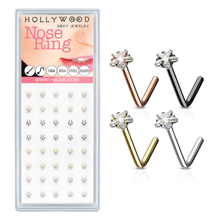 40-Piece Pack 3mm Clear Star CZ IP 316L Surgical Steel L Bend Nose Studs