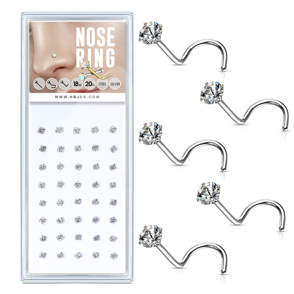 40 Pcs Pre Loaded Box of Clear Prong Set Round CZ Top 316L Surgical Steel Nose Screw Pack - all colors