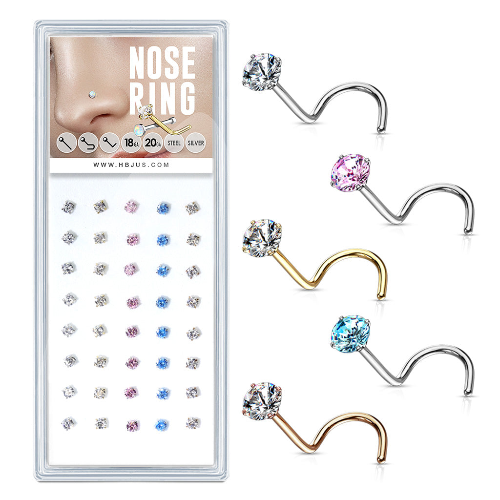 40 Pcs Mixed Colored Pre Loaded Box of Prong Set Round CZ Top 316L Surgical Steel Nose Screw Pack - all colors