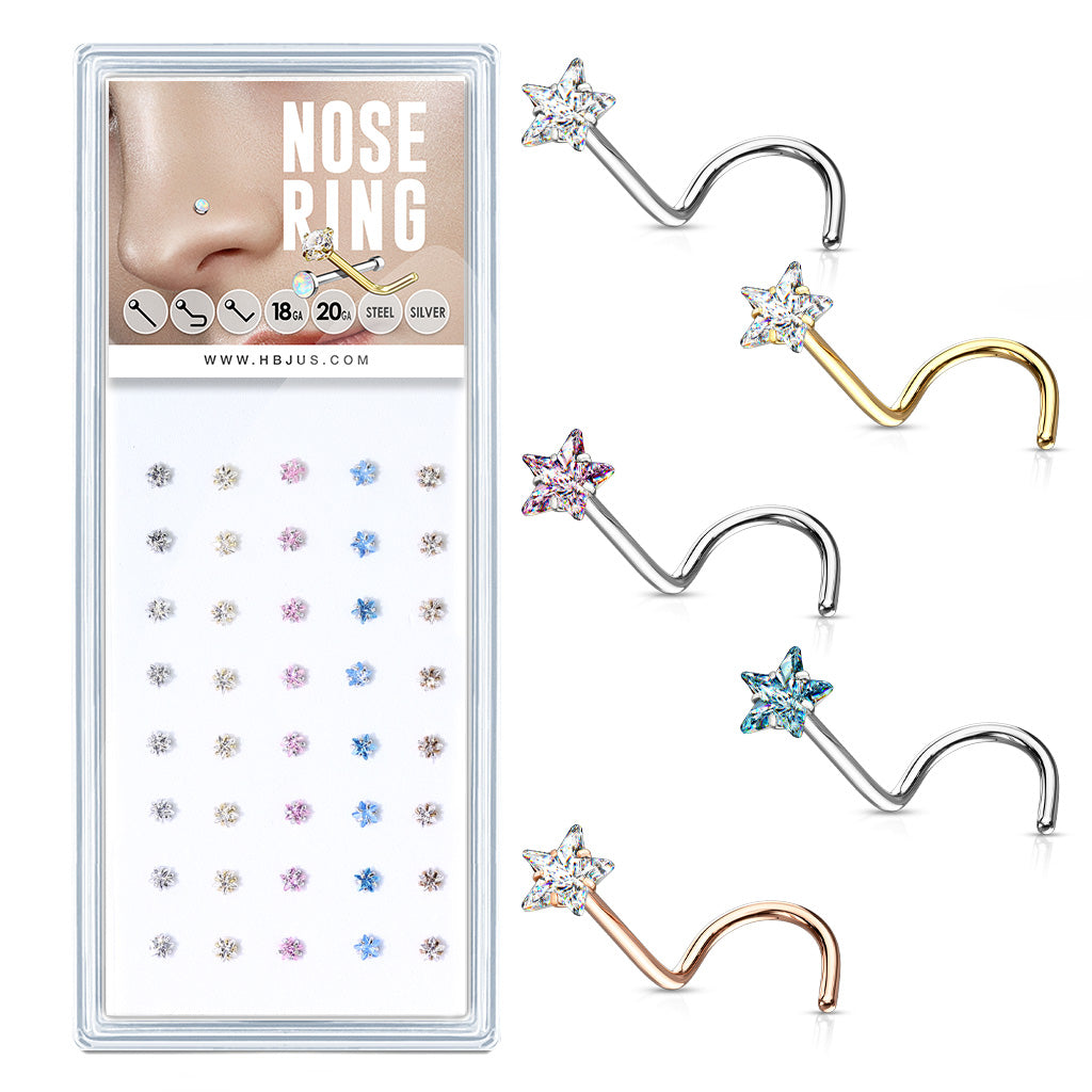 40 Pcs Mixed Colored Pre Loaded Box of Prong Set Star CZ Top 316L Surgical Steel Nose Screw Pack - all colors
