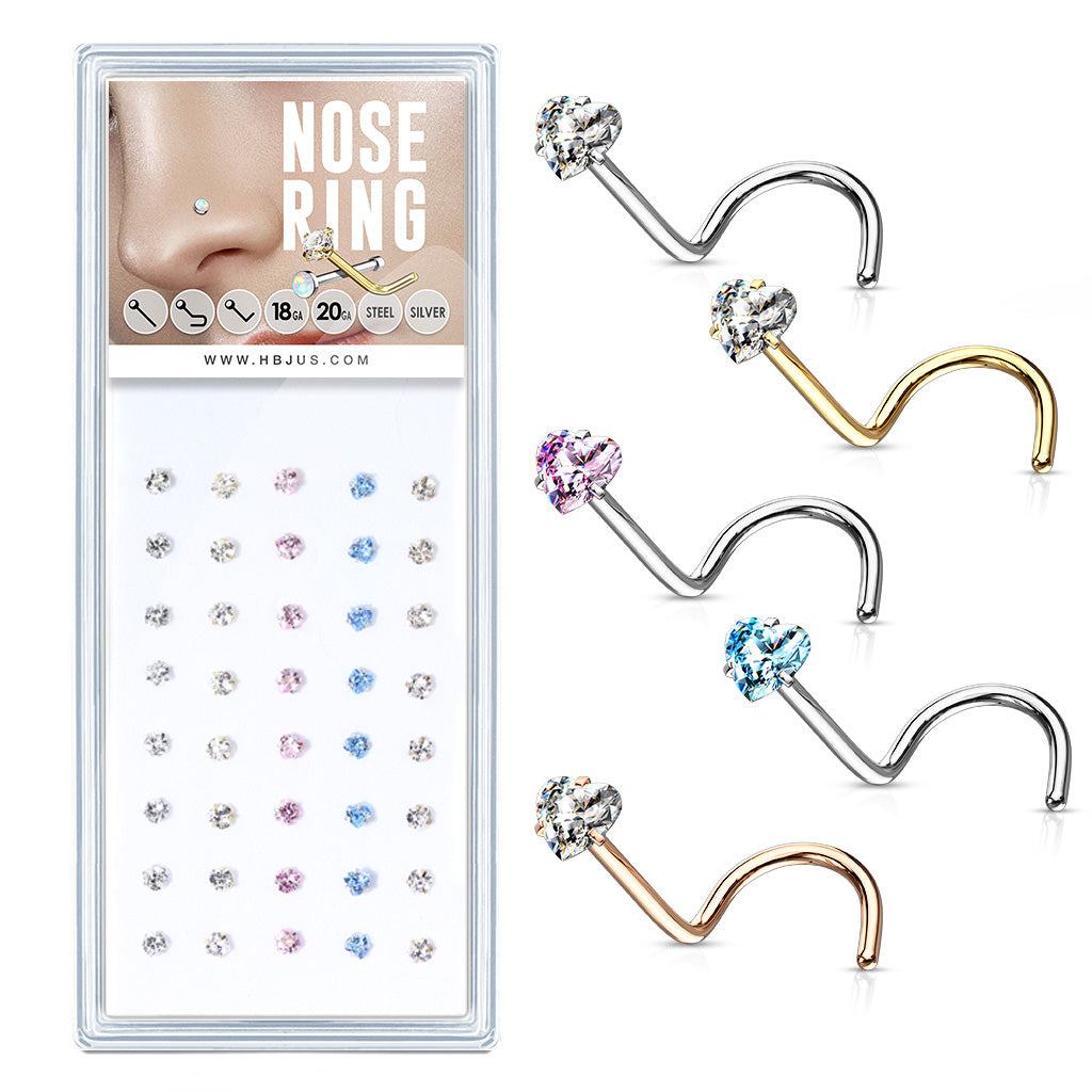 40 Pcs Mixed Colored Pre Loaded Box of Prong Set Heart CZ Top 316L Surgical Steel Nose Screw Pack - all colors