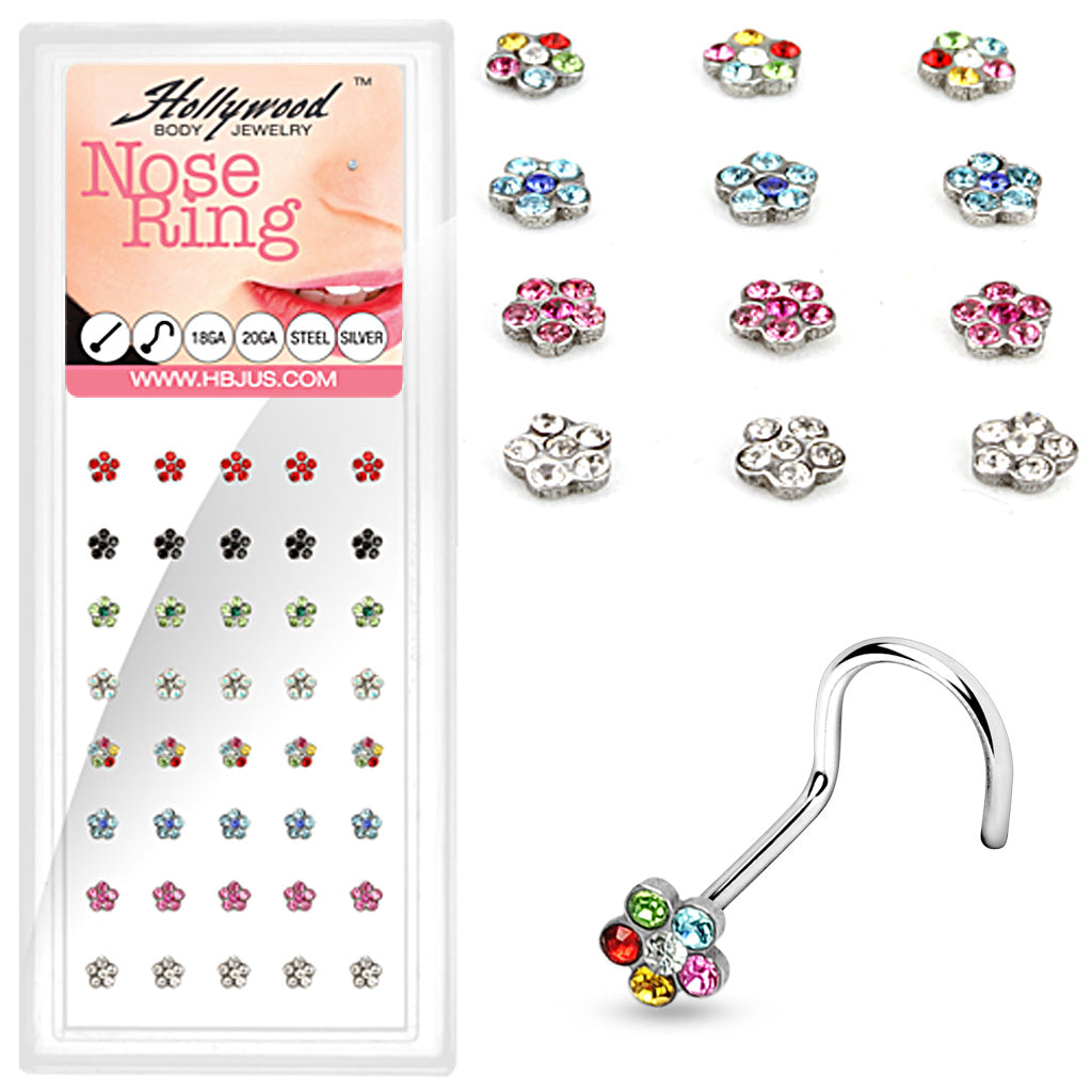 40 Pcs of 20 Gauge 316L Surgical Steel Mixed Color Gem Paved Flower Nose Screw Package - all colors
