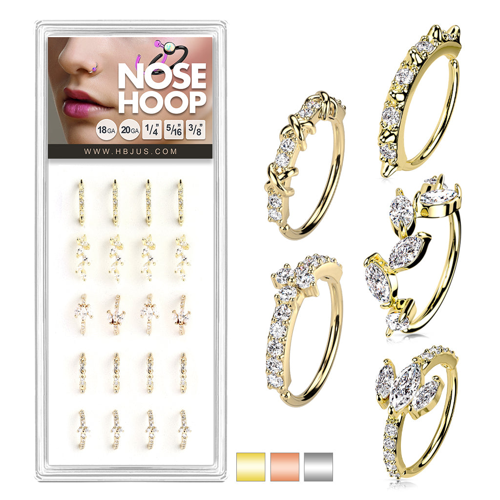 20 Pcs Pre Loaded Mixed Styles CZ Paved Nose Hoop Rings Pack (5 Styles X 4 Pcs) - Gold