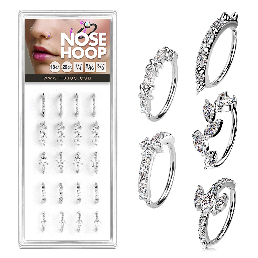 20 Pcs Pre Loaded Mixed Styles CZ Paved Nose Hoop Rings Pack (5 Styles X 4 Pcs) - Platinum