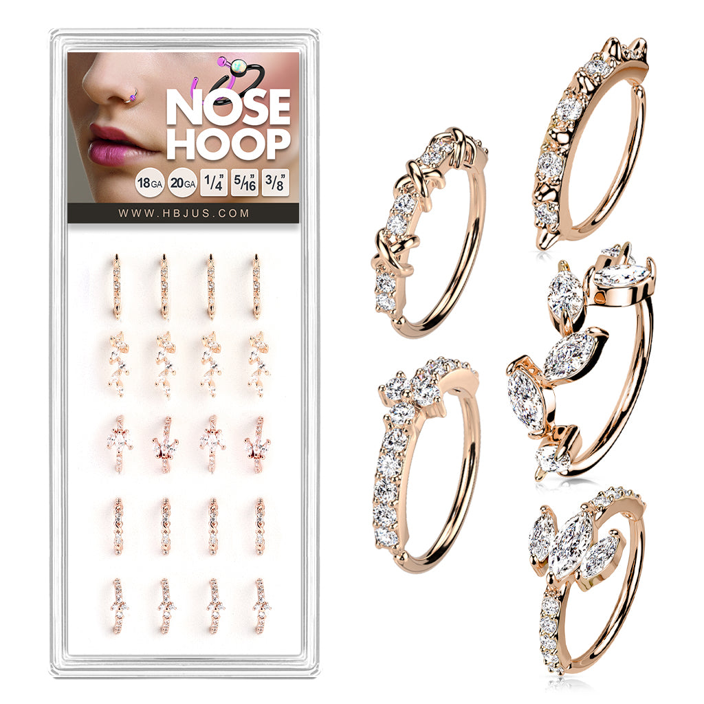 20 Pcs Pre Loaded Mixed Styles CZ Paved Nose Hoop Rings Pack (5 Styles X 4 Pcs) - Rose Gold