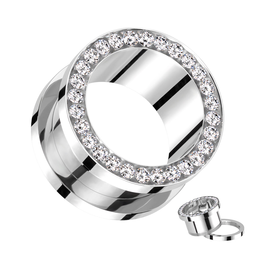 CZ Lined Rim 316L Surgical Steel Screw Fit Flesh Tunnel - Clear