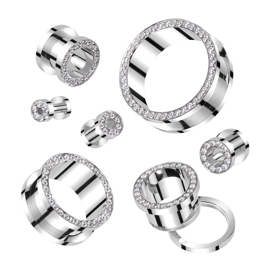 CZ Lined Rim 316L Surgical Steel Screw Fit Flesh Tunnel - all colors