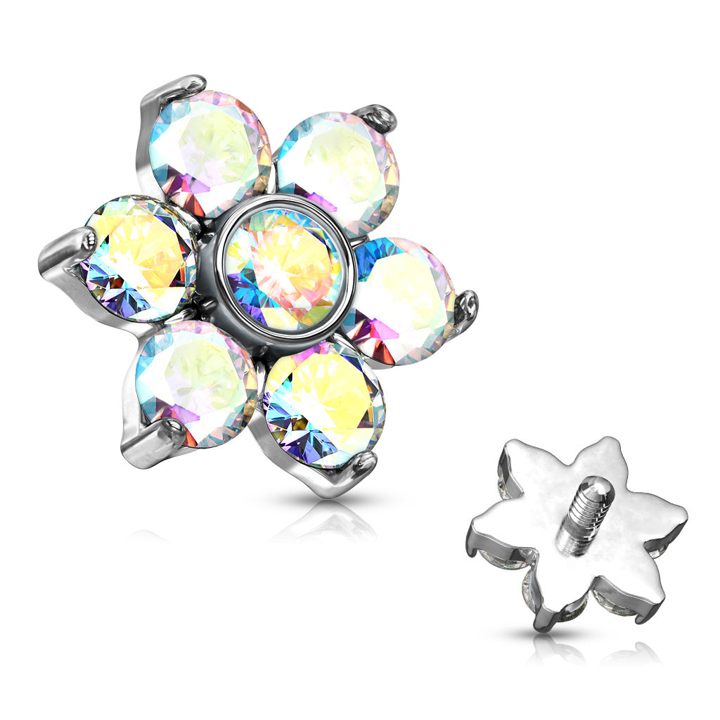 Zircon Prong Set Flower 316L Surgical Steel Internally Threaded Top Parts For Labret, Dermal and More - Aurora Borealis