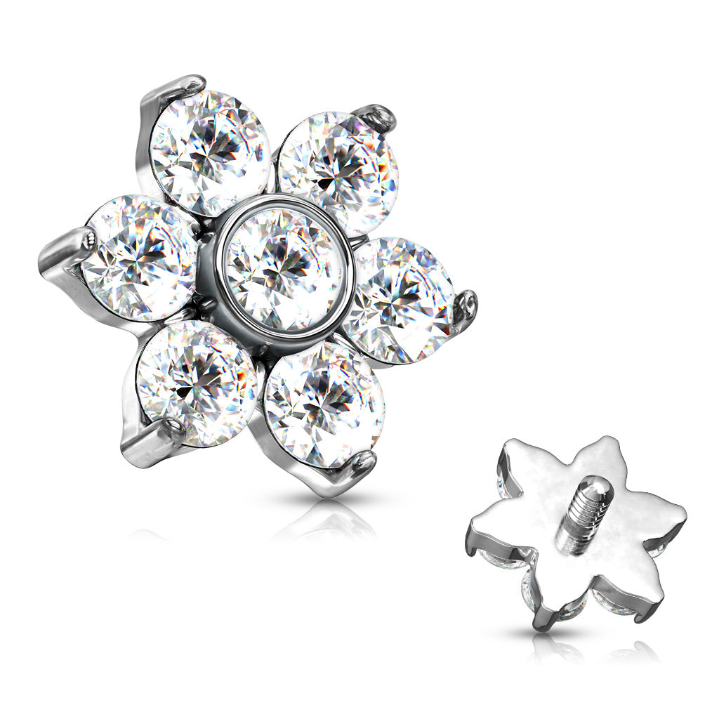 Zircon Prong Set Flower 316L Surgical Steel Internally Threaded Top Parts For Labret, Dermal and More - Clear