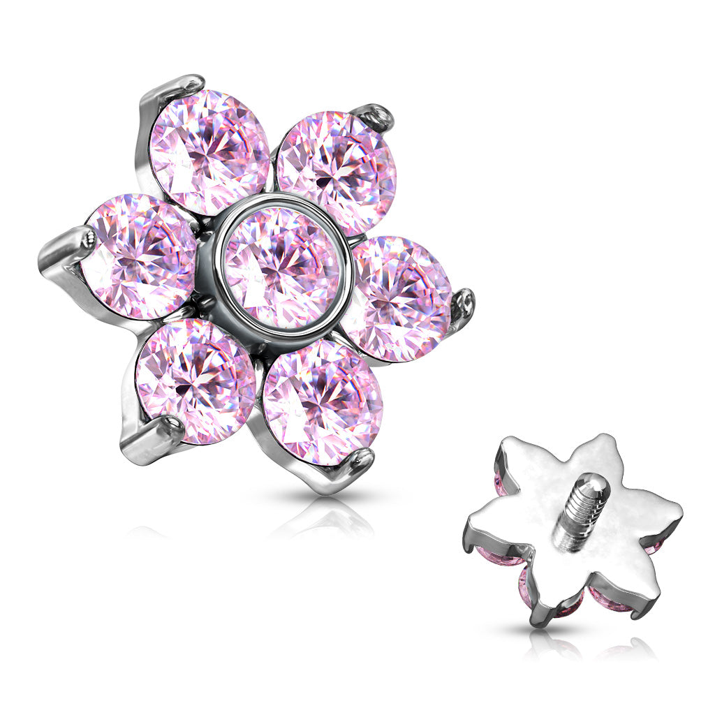 Zircon Prong Set Flower 316L Surgical Steel Internally Threaded Top Parts For Labret, Dermal and More - Pink