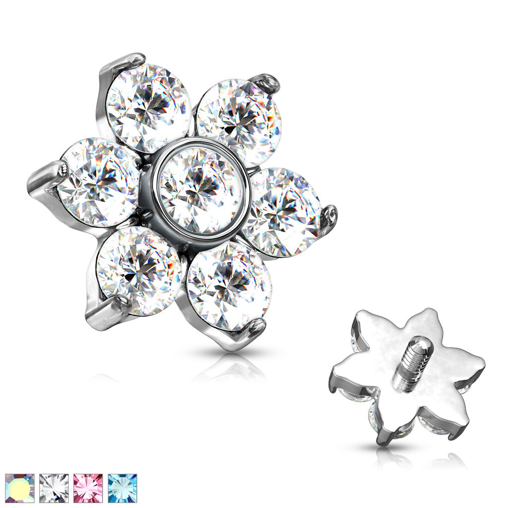 Zircon Prong Set Flower 316L Surgical Steel Internally Threaded Top Parts For Labret, Dermal and More - all colors