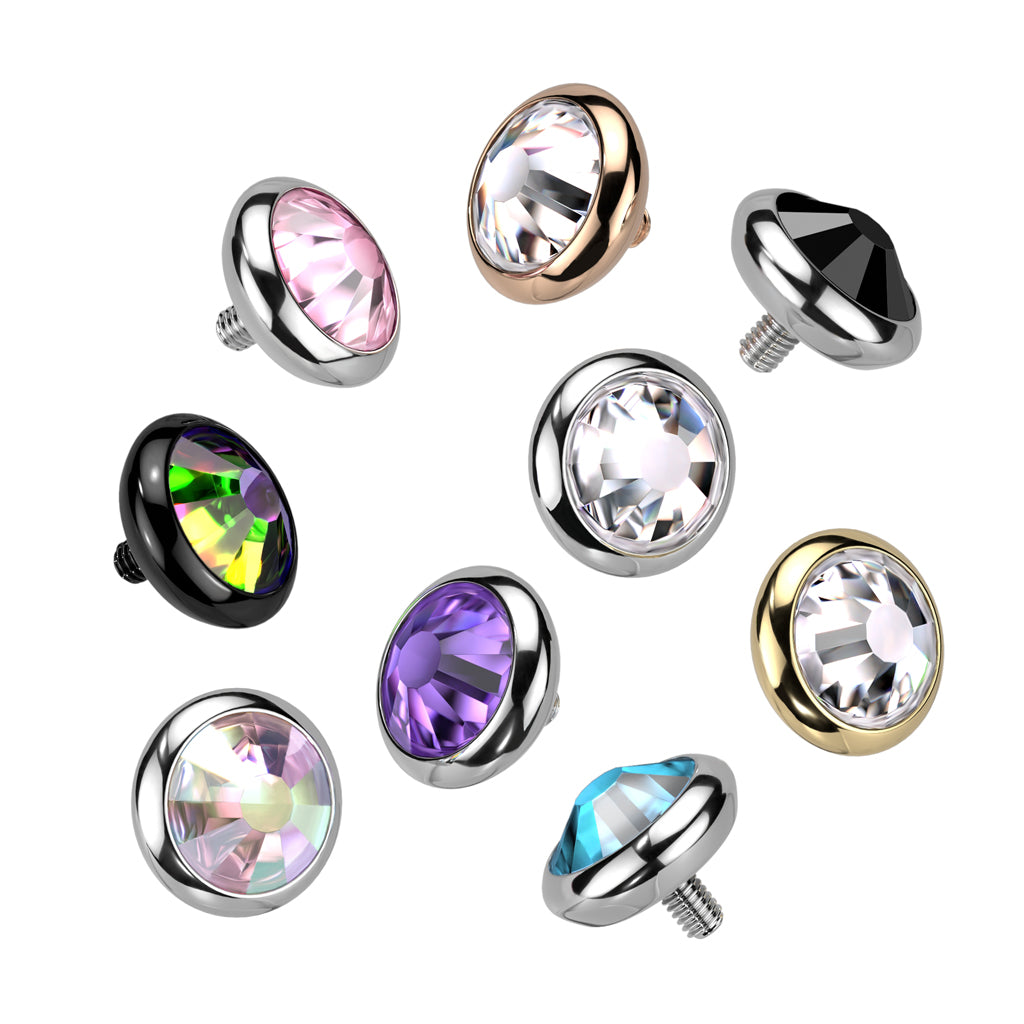 Implant Grade Titanium Internally Threaded Flat Bezel Set Crystal Top - all colors