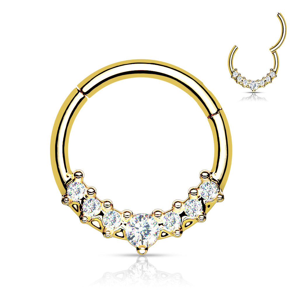 316L Surgical Steel Hinged Segment Hoop Ring With Lined CZ Fan - Gold/Clear