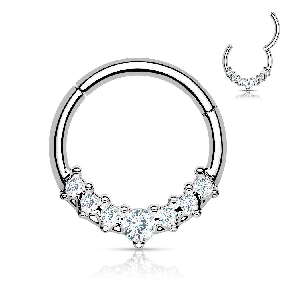 316L Surgical Steel Hinged Segment Hoop Ring With Lined CZ Fan - Steel/Clear