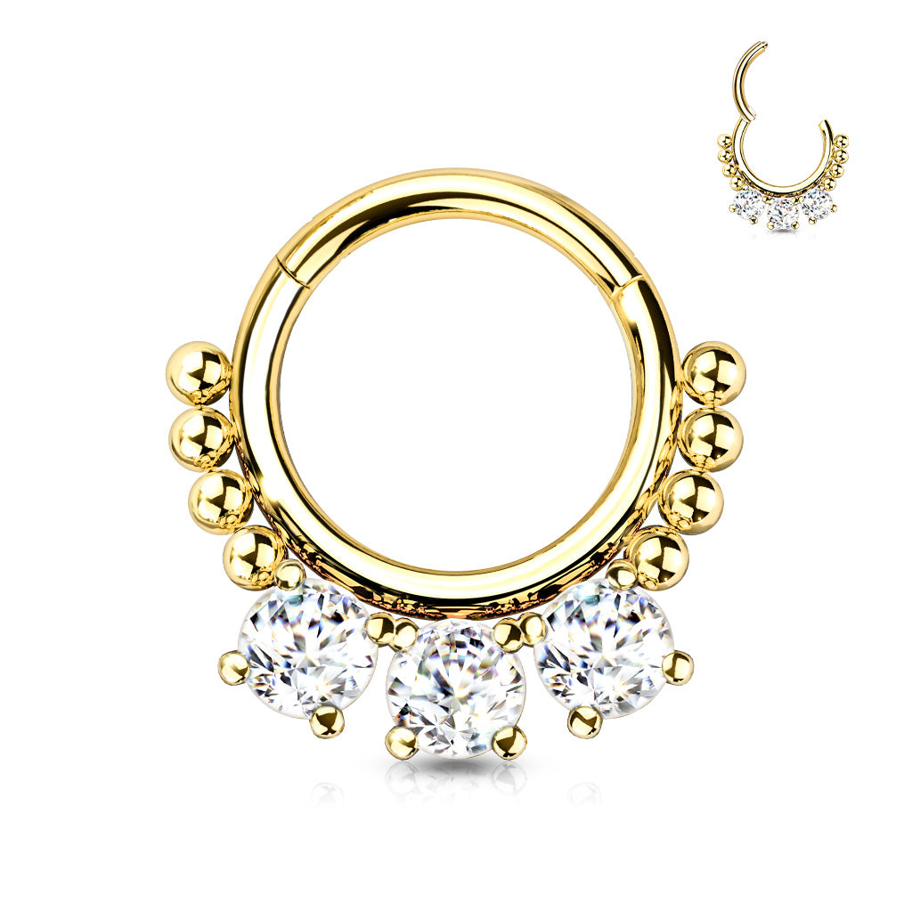 High Quality Precision All 316L Surgical Steel Hinged Segment Hoop Ring With 3 Prong Set Round CZ and Beads - Gold/Clear