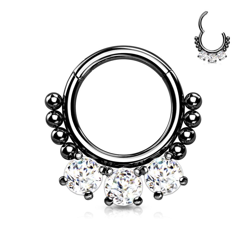 High Quality Precision All 316L Surgical Steel Hinged Segment Hoop Ring With 3 Prong Set Round CZ and Beads - Black/Clear