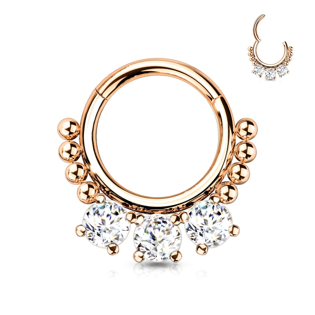 High Quality Precision All 316L Surgical Steel Hinged Segment Hoop Ring With 3 Prong Set Round CZ and Beads - Rose Gold/Clear