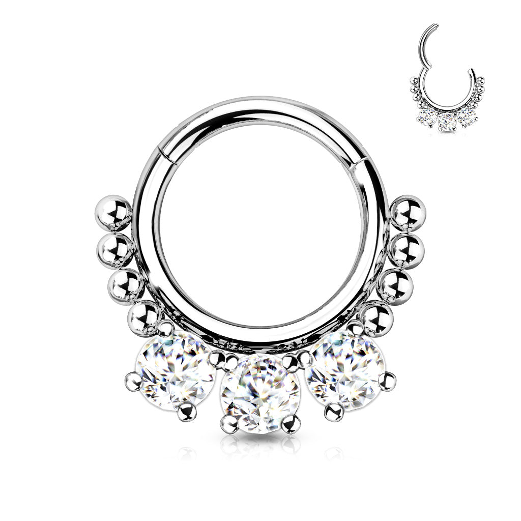 High Quality Precision All 316L Surgical Steel Hinged Segment Hoop Ring With 3 Prong Set Round CZ and Beads - Steel/Clear