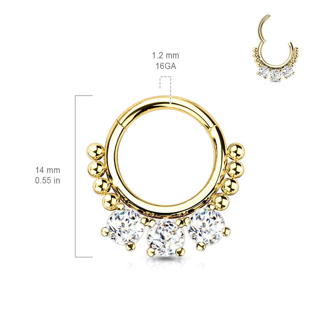 High Quality Precision All 316L Surgical Steel Hinged Segment Hoop Ring With 3 Prong Set Round CZ and Beads size chart
