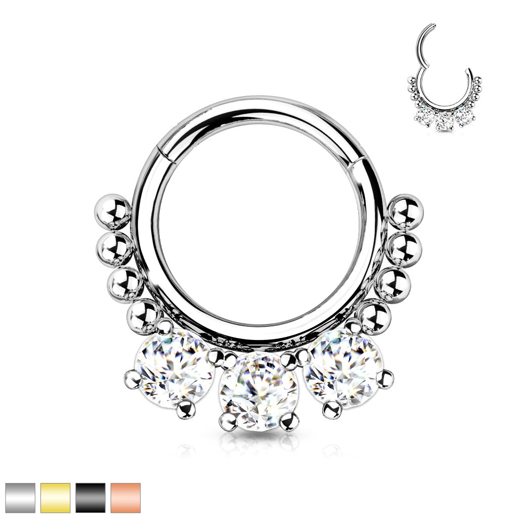 High Quality Precision All 316L Surgical Steel Hinged Segment Hoop Ring With 3 Prong Set Round CZ and Beads - all colors