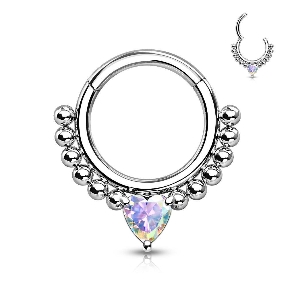 Front-Facing Heart CZ Hinged Hoop Ring - Steel/Aurora Borealis