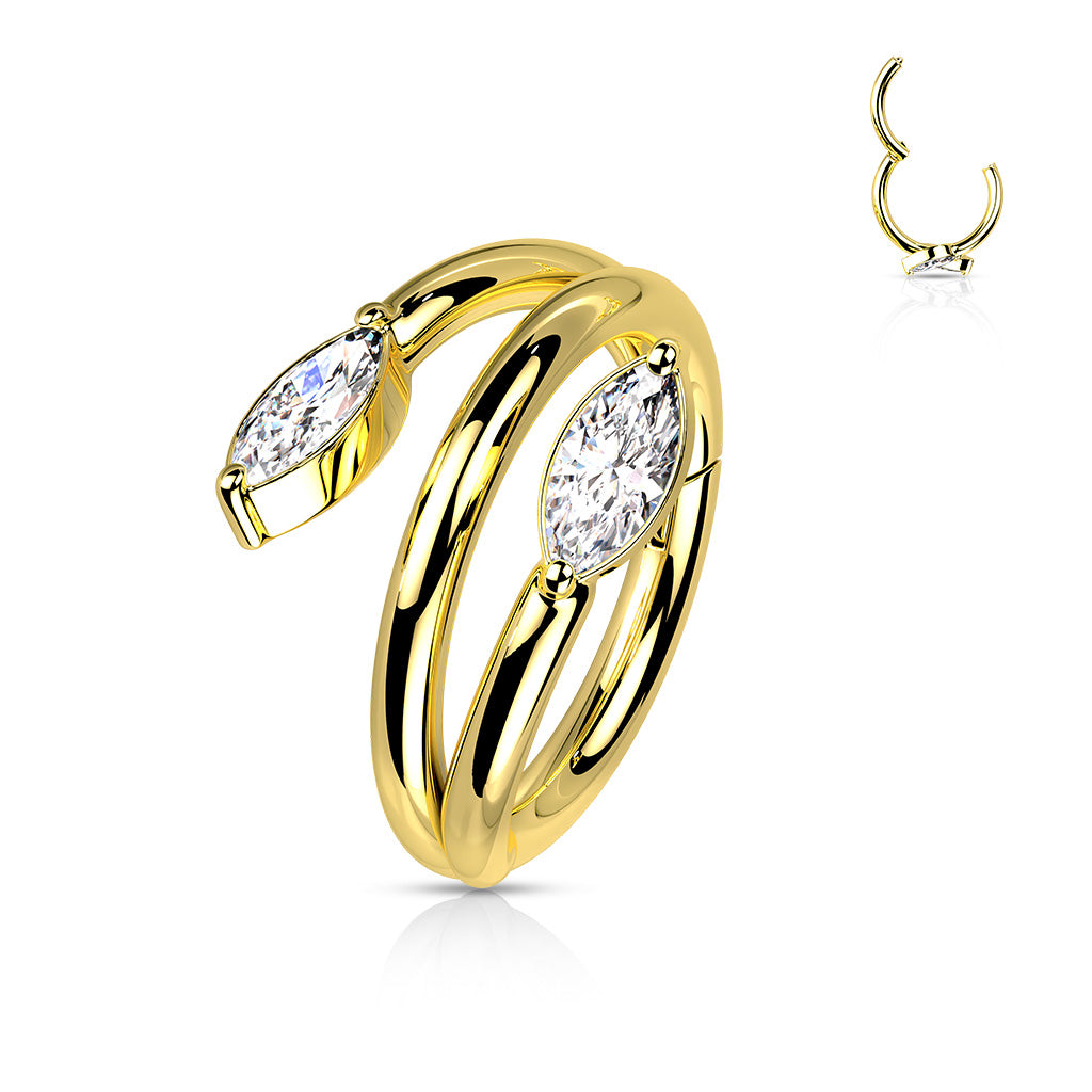 High Quality Precision All 316L Surgical Steel Hinged Segment With Double Vine Marquise CZ Ends - Gold/Clear
