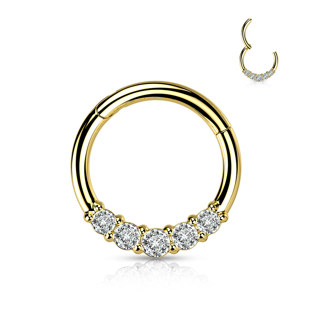 High Quality Precision All 316L Surgical Steel Hinged Segment With Forward Facing 5 CZ Ring - Gold/Clear