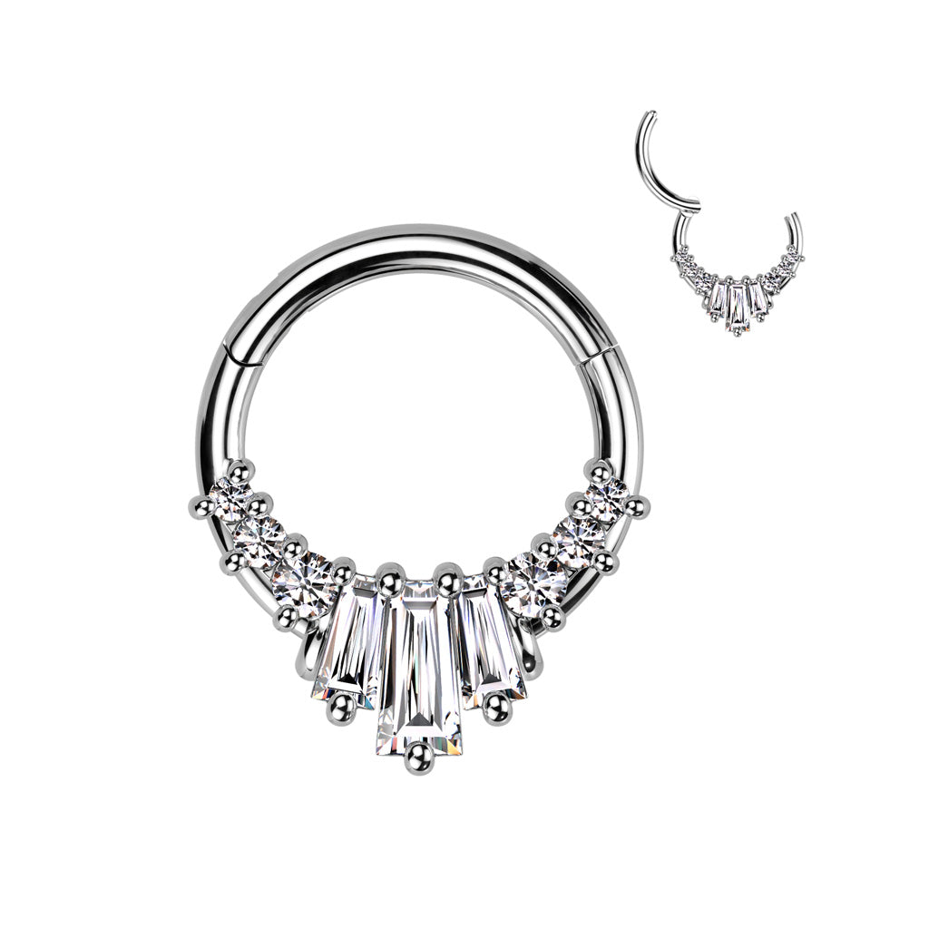 High Quality Precision 316L Surgical Steel Hinged Segment Ring With 3 Baguette CZ Fan and 3 Round CZ on Each Side - Clear