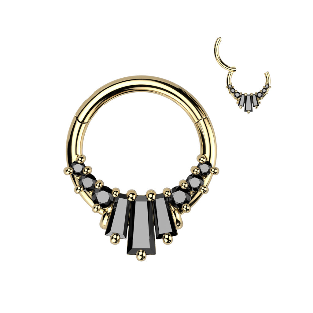 High Quality Precision 316L Surgical Steel Hinged Segment Ring With 3 Baguette CZ Fan and 3 Round CZ on Each Side - Gold/Black