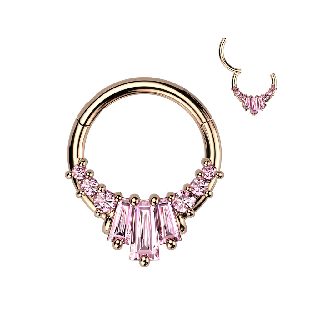 High Quality Precision 316L Surgical Steel Hinged Segment Ring With 3 Baguette CZ Fan and 3 Round CZ on Each Side - Rose Gold/Pink