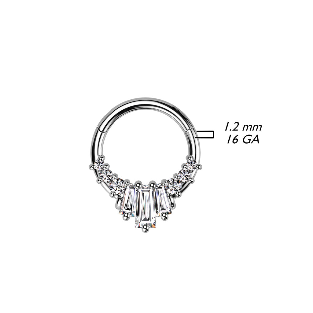 High Quality Precision 316L Surgical Steel Hinged Segment Ring With 3 Baguette CZ Fan and 3 Round CZ on Each Side size chart