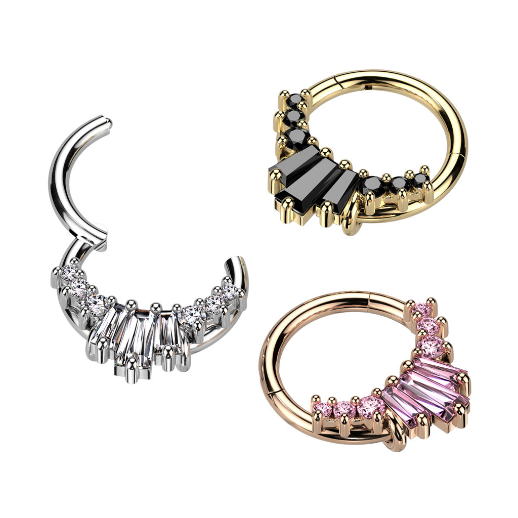 High Quality Precision 316L Surgical Steel Hinged Segment Ring With 3 Baguette CZ Fan and 3 Round CZ on Each Side - all colors