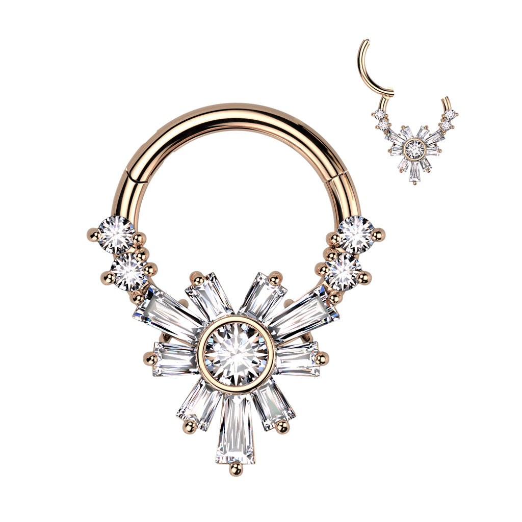 High Quality Precision 316L Surgical Steel Hinged Segment Ring With Baguette CZ Flower And 2 Round CZ On Each Side - Rose Gold/Clear