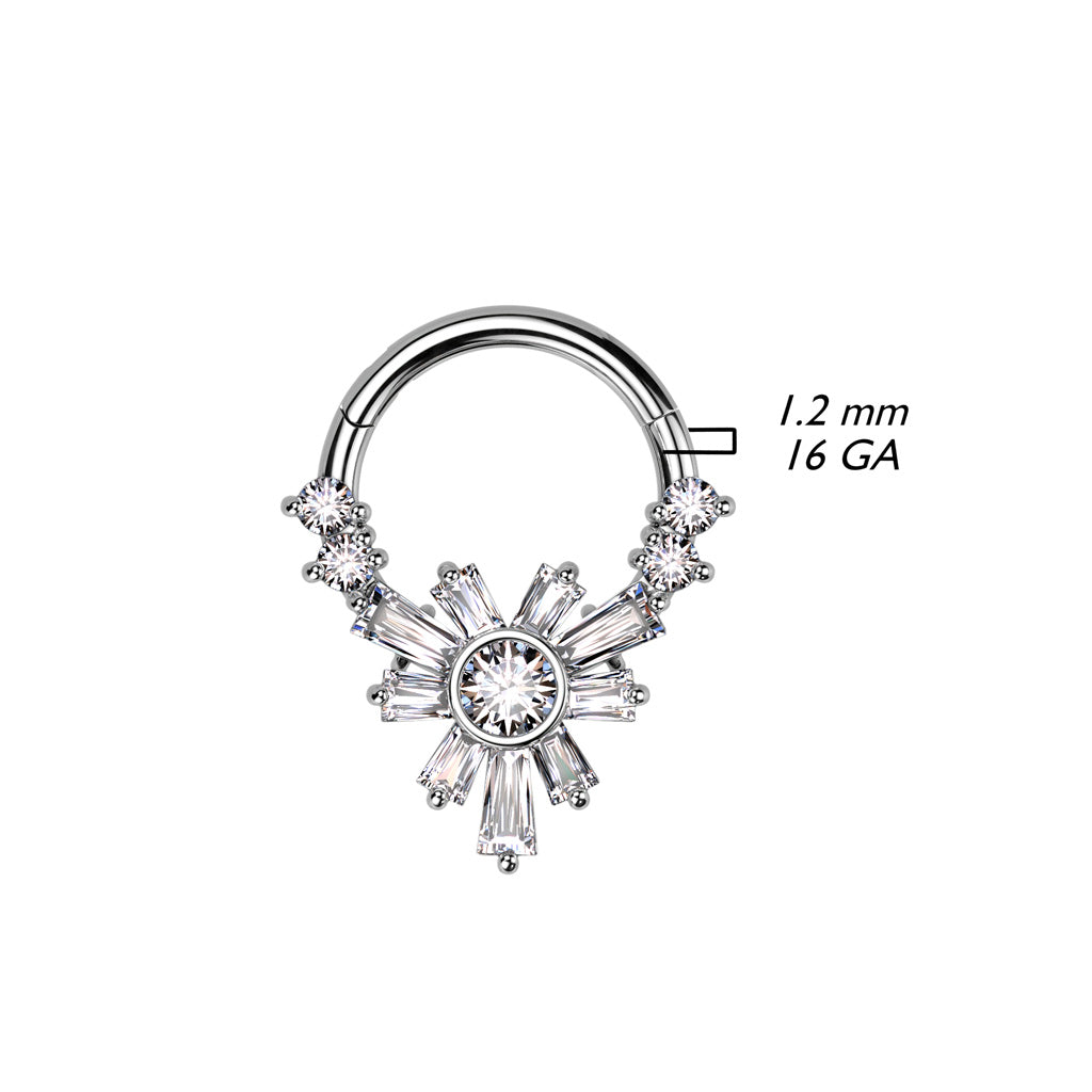 High Quality Precision 316L Surgical Steel Hinged Segment Ring With Baguette CZ Flower And 2 Round CZ On Each Side size chart