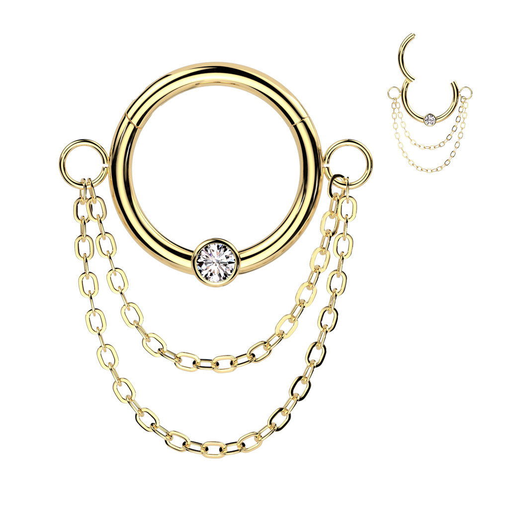 High Quality Precision All 316L Surgical Steel Hinged Segment Ring With Bezel Set CZ Center and Double Chain Dangle - Gold/Clear