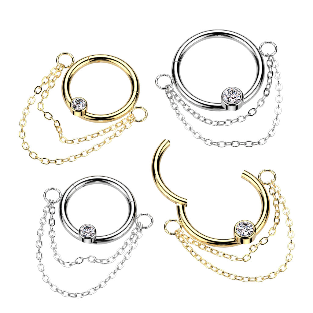 High Quality Precision All 316L Surgical Steel Hinged Segment Ring With Bezel Set CZ Center and Double Chain Dangle - all colors