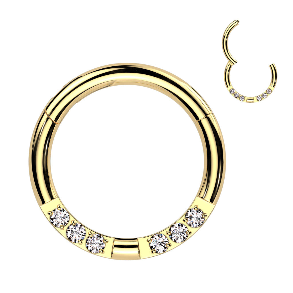 High Quality Precision All 316L Surgical Steel Hinged Segment Ring With Double Forward Facing 3 CNC Set CZ - Gold/Clear